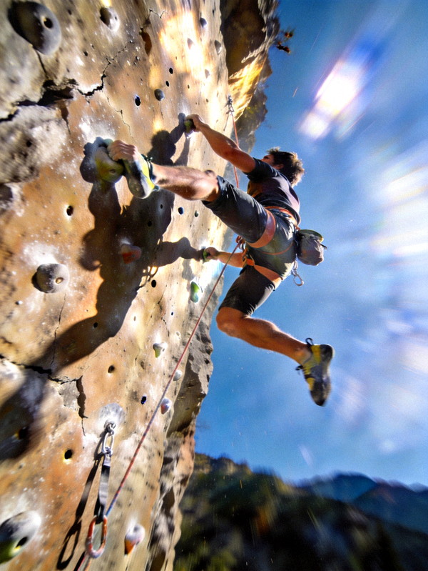 攀岩者在垂直岩壁上进行动态跳跃的技术动作