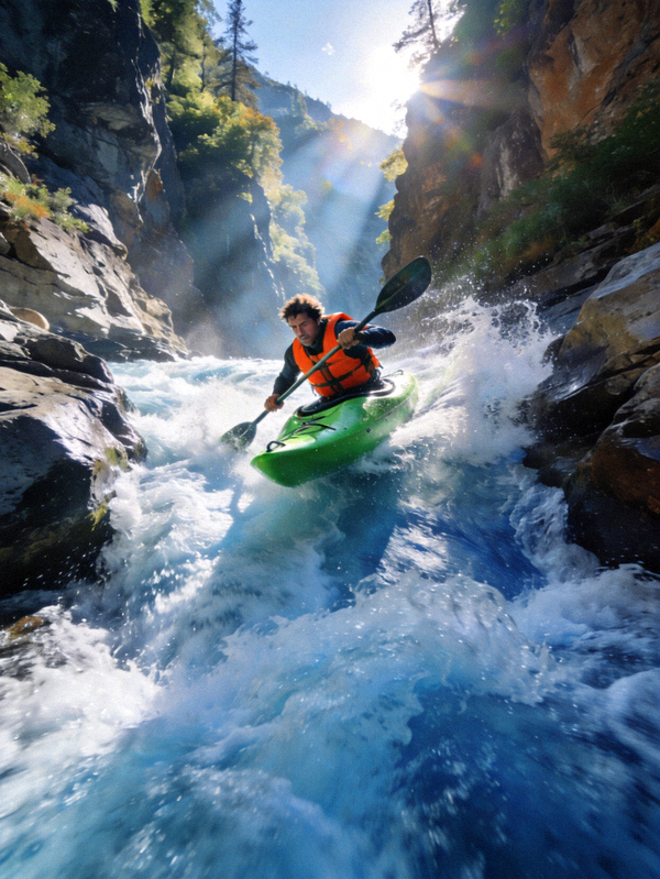 皮划艇运动员在激流中穿越峡谷的惊险画面