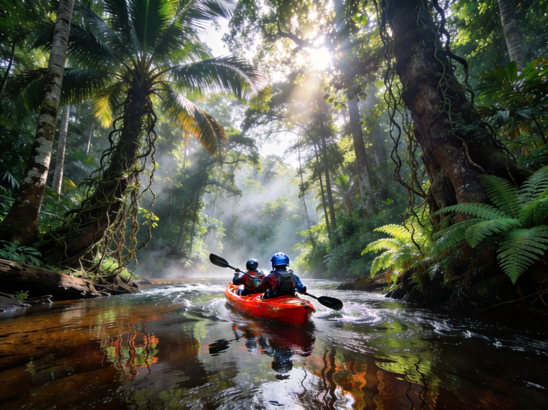 亚马逊雨林河流皮划艇探险队在茂密丛林中穿行